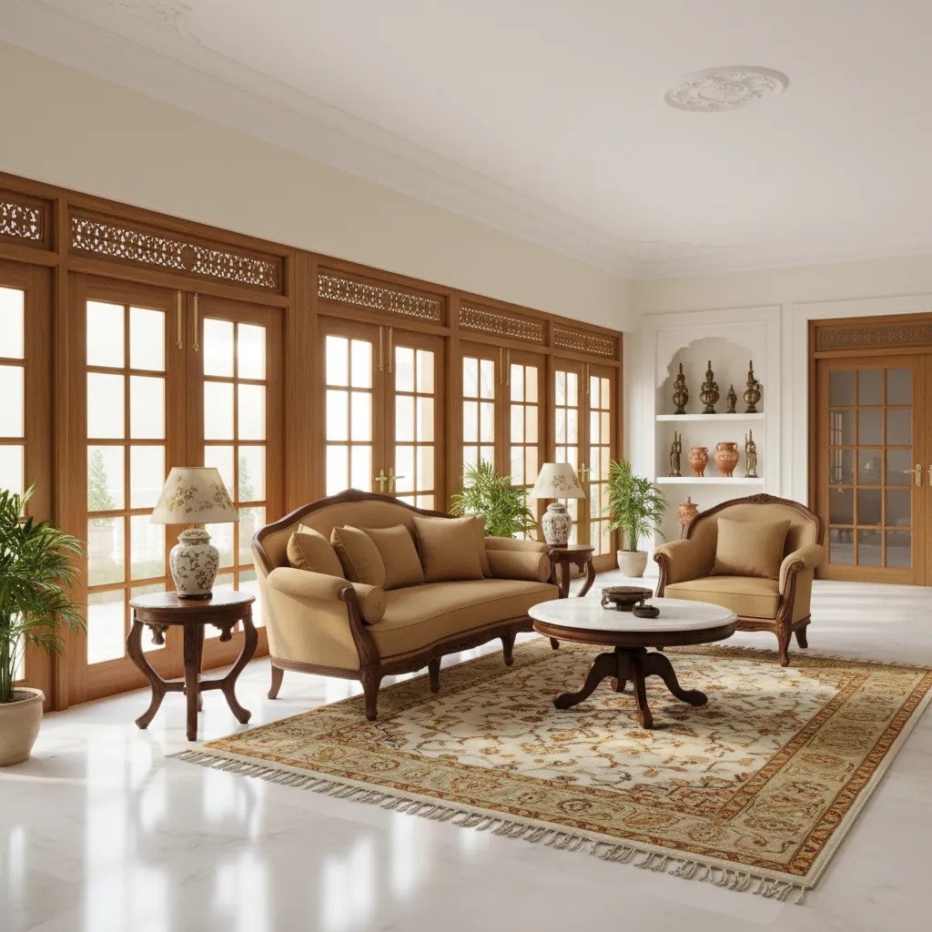 Indian drawing room with wooden frame glass doors and warm interior design