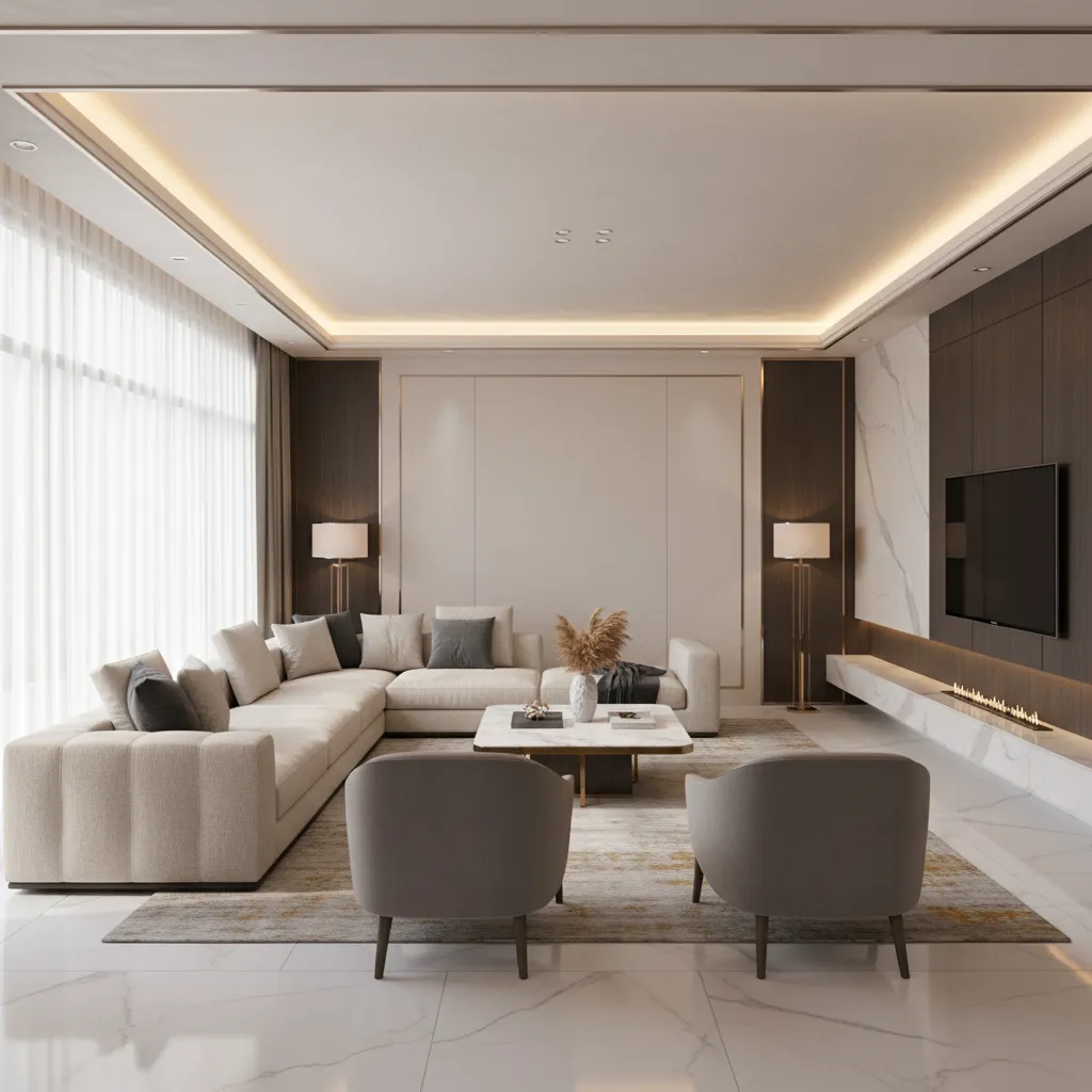 Indian living room with gypsum tray ceiling and LED lighting