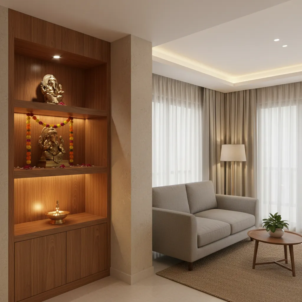 Indian living room with small pooja corner integrated into wall niche