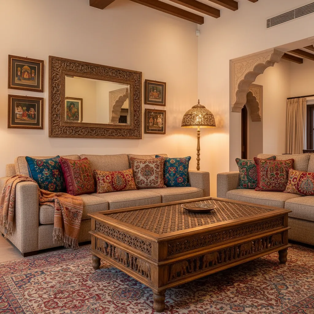 Indian living room decor with textiles cushions and carved wood furniture