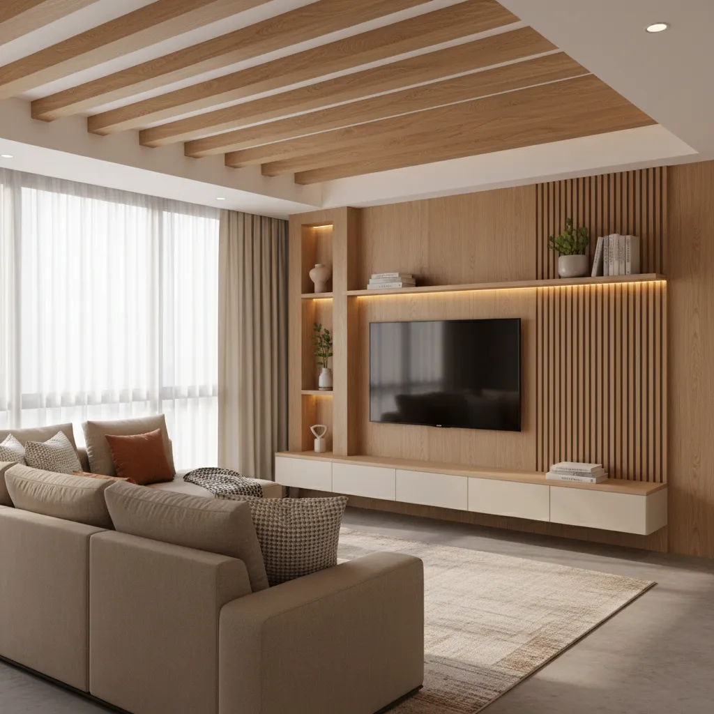 Indian apartment living room with wooden TV wall panel and floating cabinet