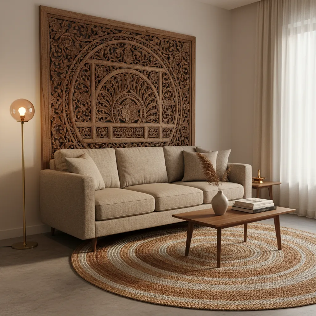 Indian carved wood wall panel behind sofa in small living room