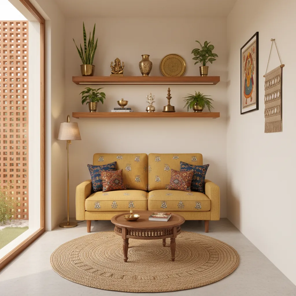 Small living room with wall shelves displaying Indian decor