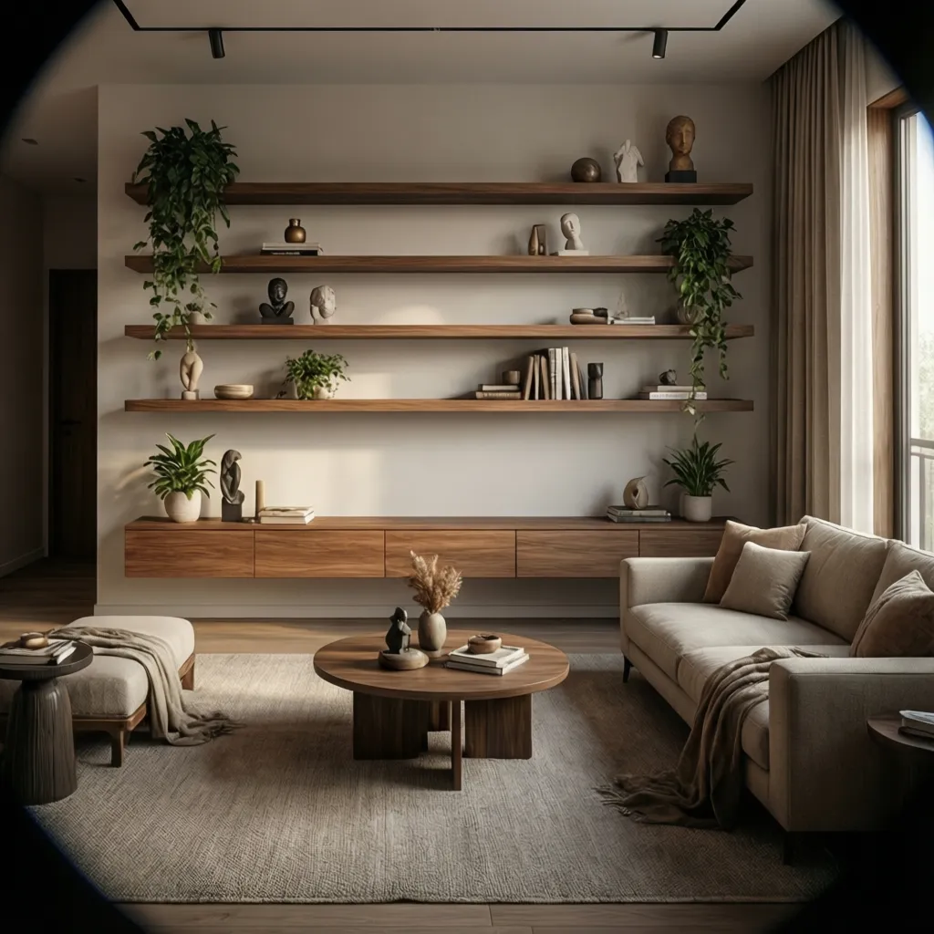 indian living room with wall mounted wooden showcase shelves and decorative items