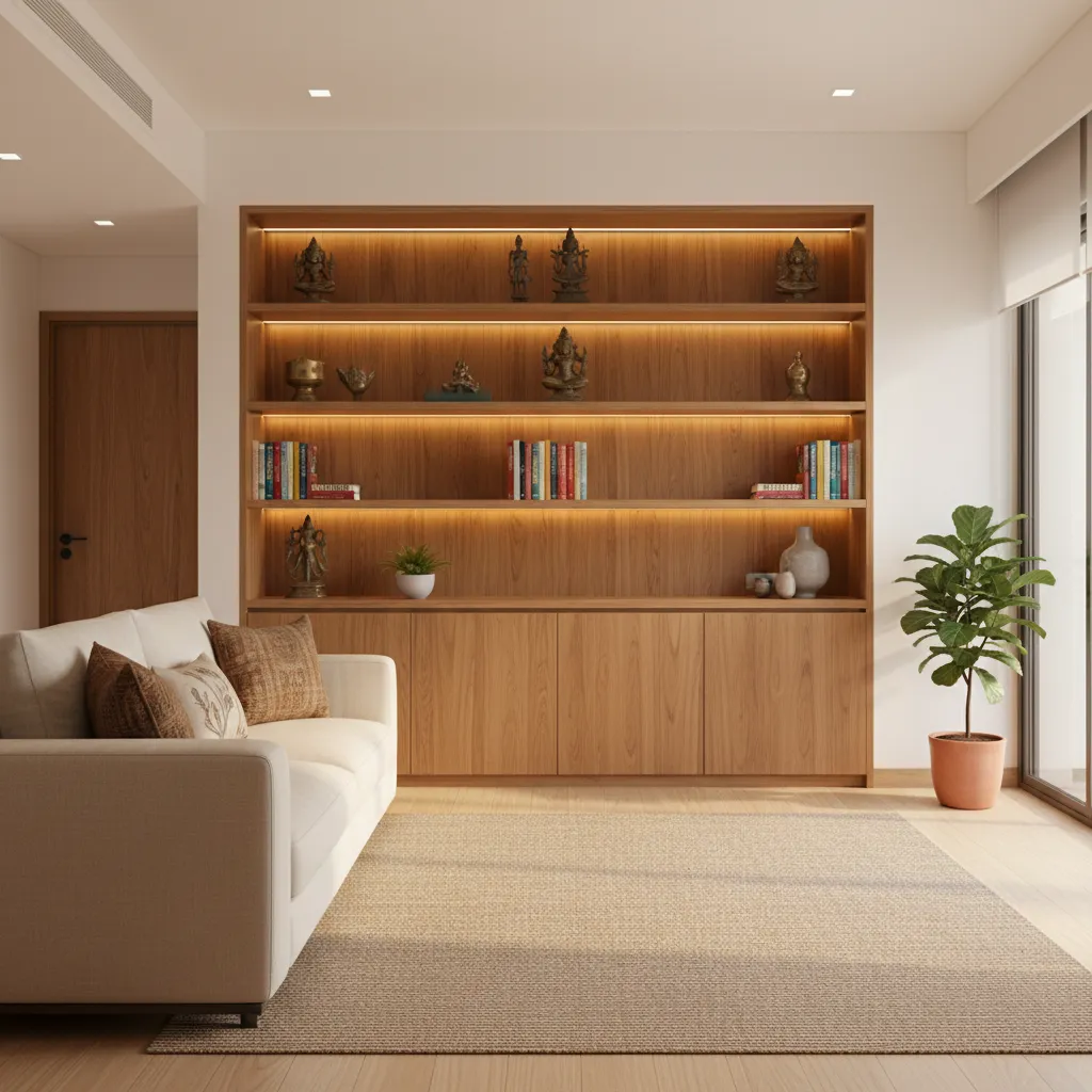 Indian living room with wooden wall showcase and decorative shelves