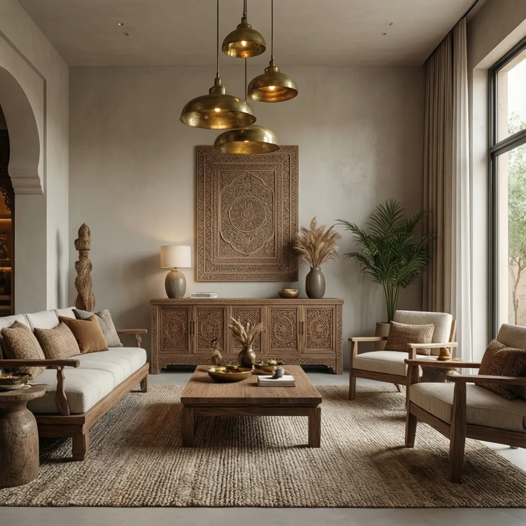 modern Indian fusion interior with minimalist furniture and traditional decor