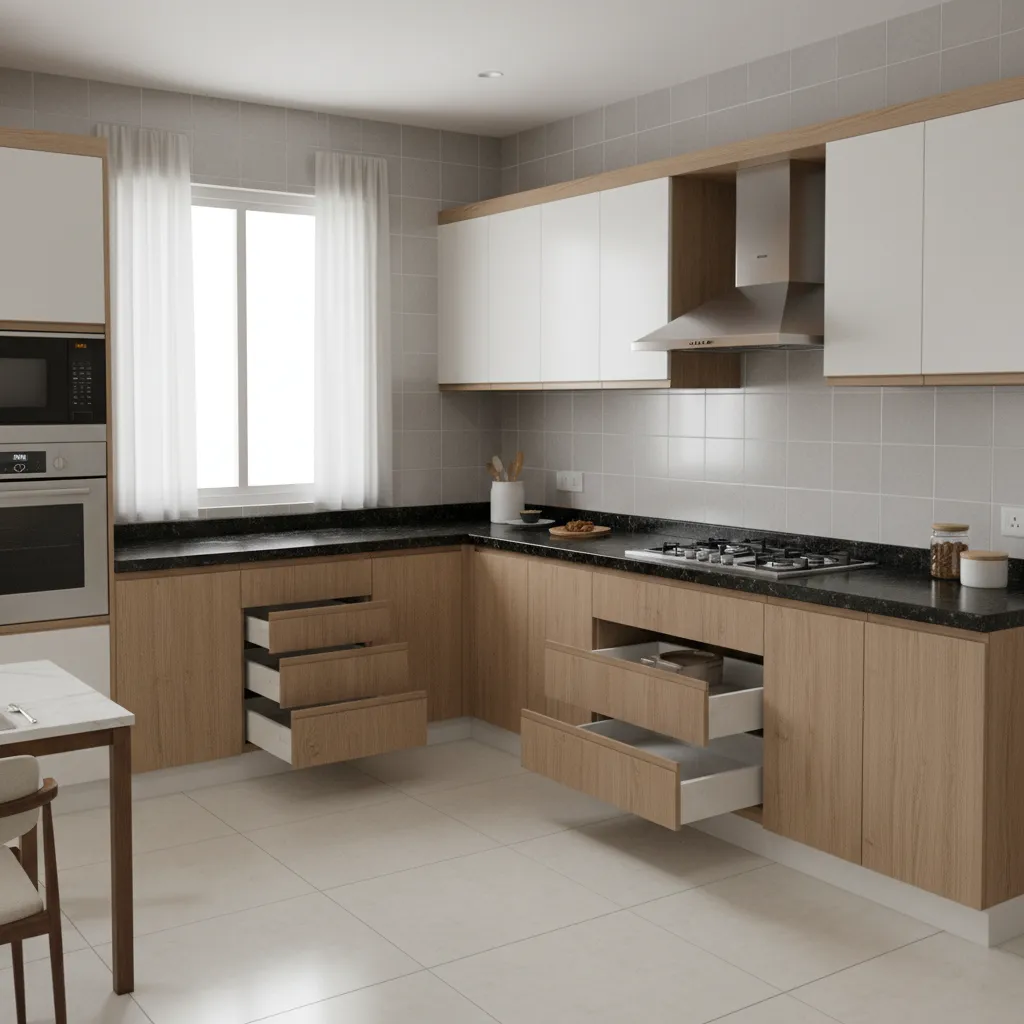 Example of a modern modular kitchen layout in an Indian apartment