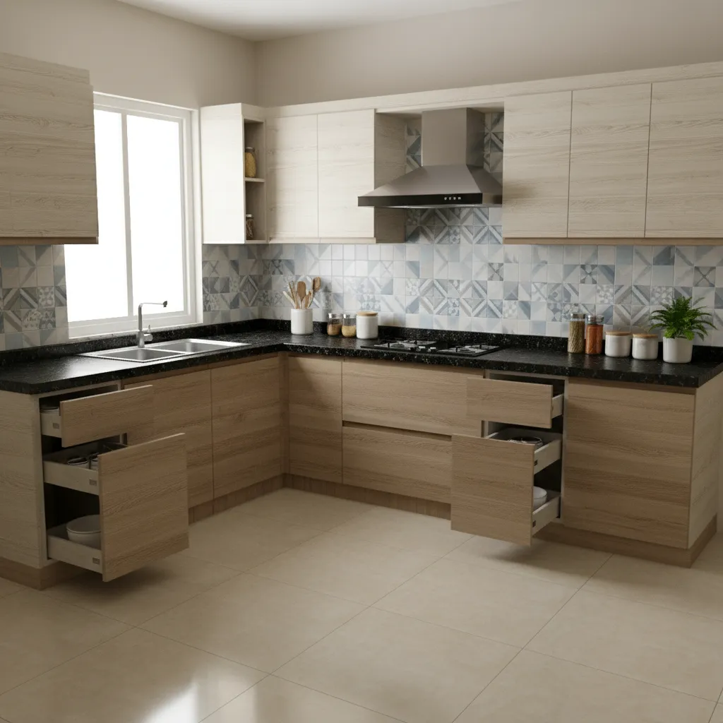 L-shaped modular kitchen design common in Indian apartments