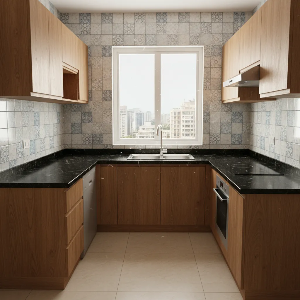 L shaped modular kitchen in Indian apartment with laminate cabinets and granite countertop