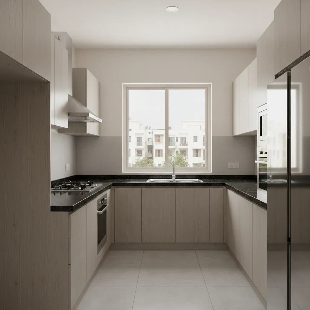 L-shaped modular kitchen in an Indian apartment with laminate cabinets and granite countertop