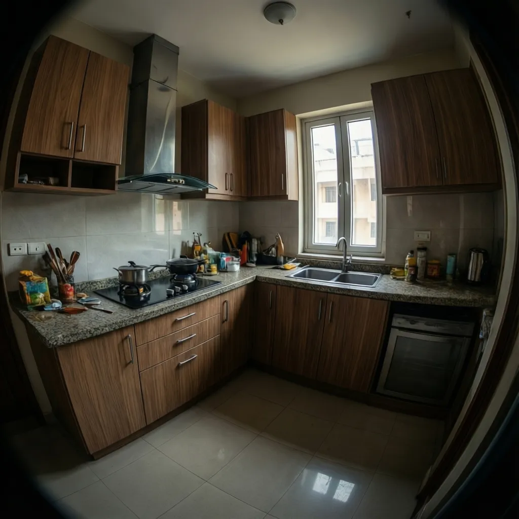 L shaped modular kitchen in Indian apartment with laminate cabinets and granite countertop