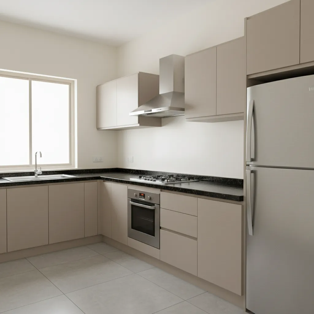 modern indian modular kitchen layout with base cabinets and wall cabinets