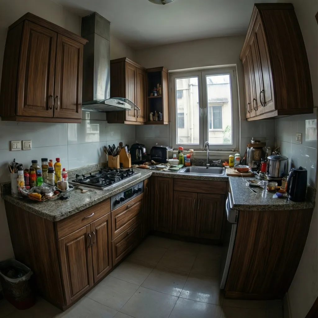 modern modular kitchen layout in an Indian apartment with cabinets and appliances