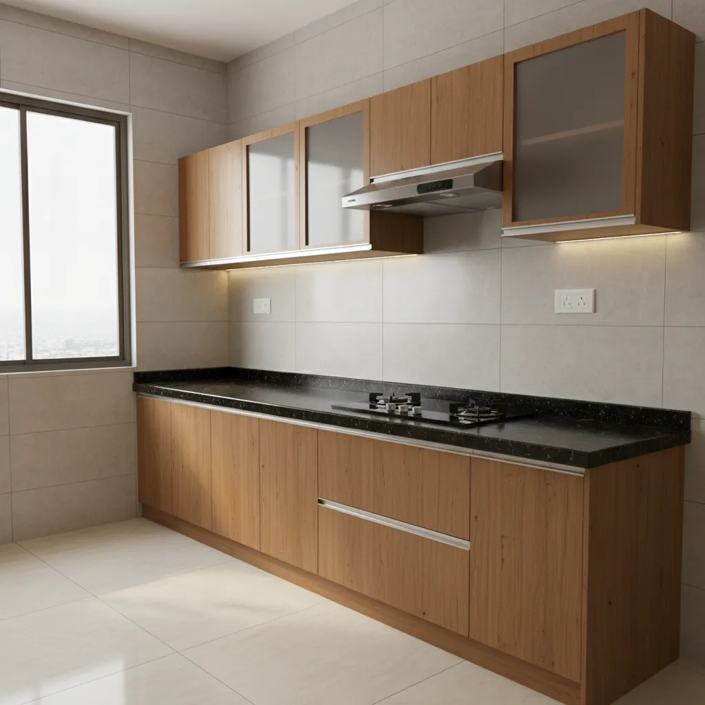 modern modular kitchen in Indian apartment with cabinets and granite countertop