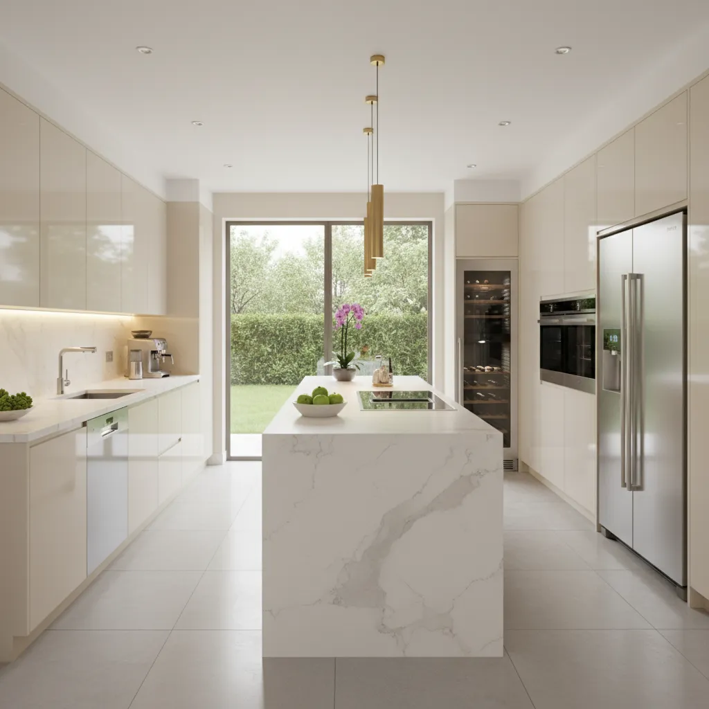 Premium modular kitchen with acrylic cabinets and modern lighting
