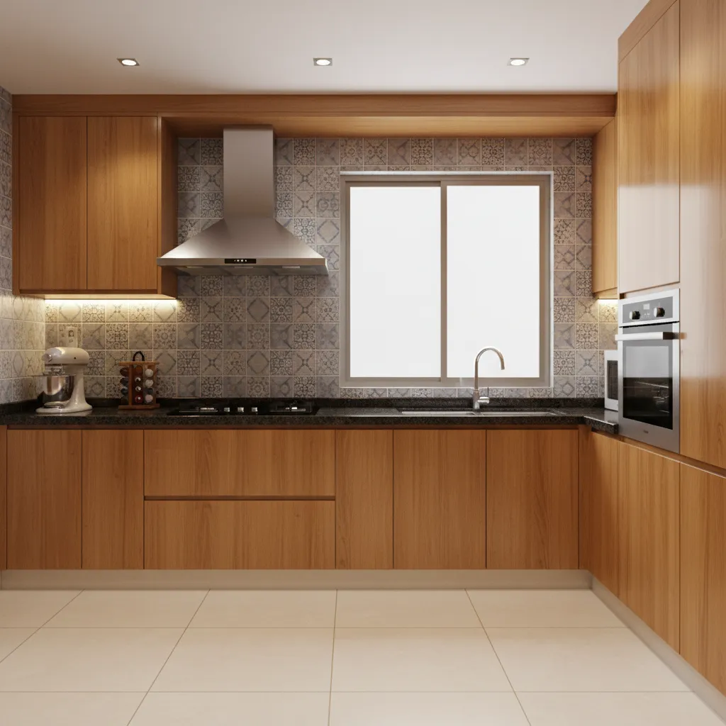 modular Indian kitchen with chimney installed above gas stove