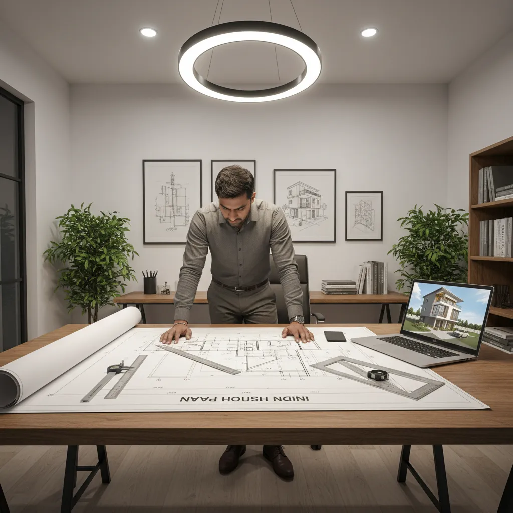 Architect reviewing residential house plans for Indian building approval