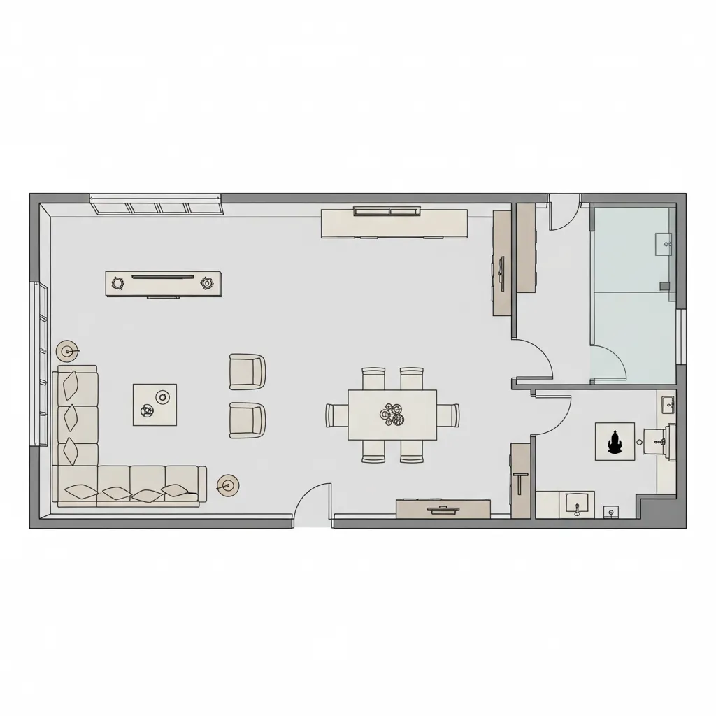 floor plan zoning showing living room dining and puja room areas