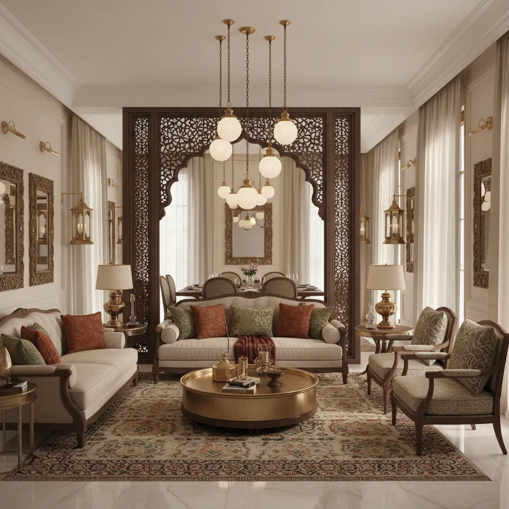 3D rendered visualization of Indian inspired interior design