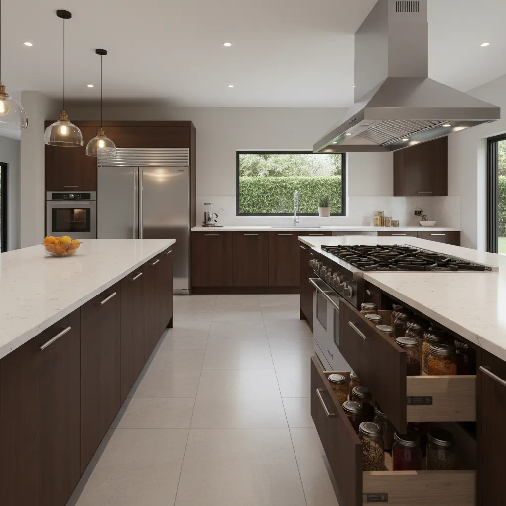 Large kitchen layout designed for Indian cooking with strong ventilation and spice storage