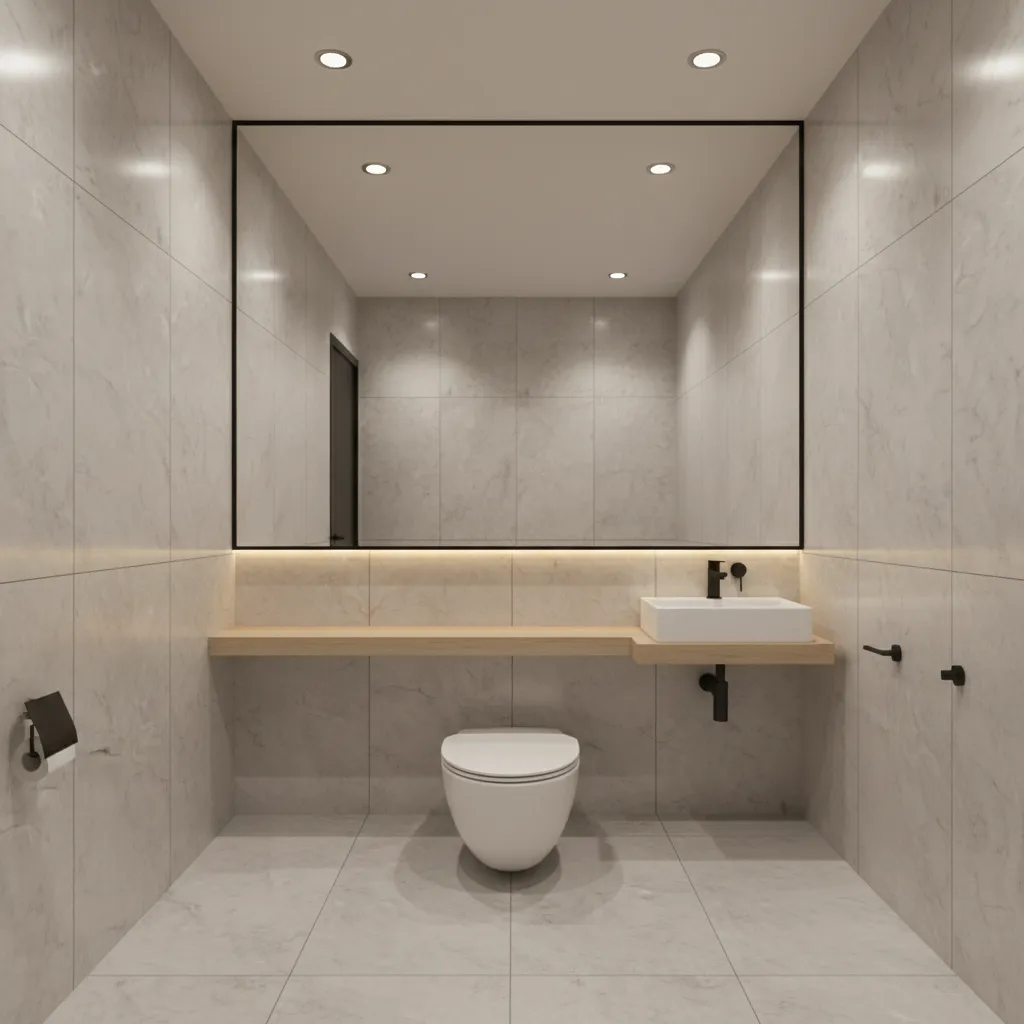 modern small bathroom with indian toilet light tiles and mirror