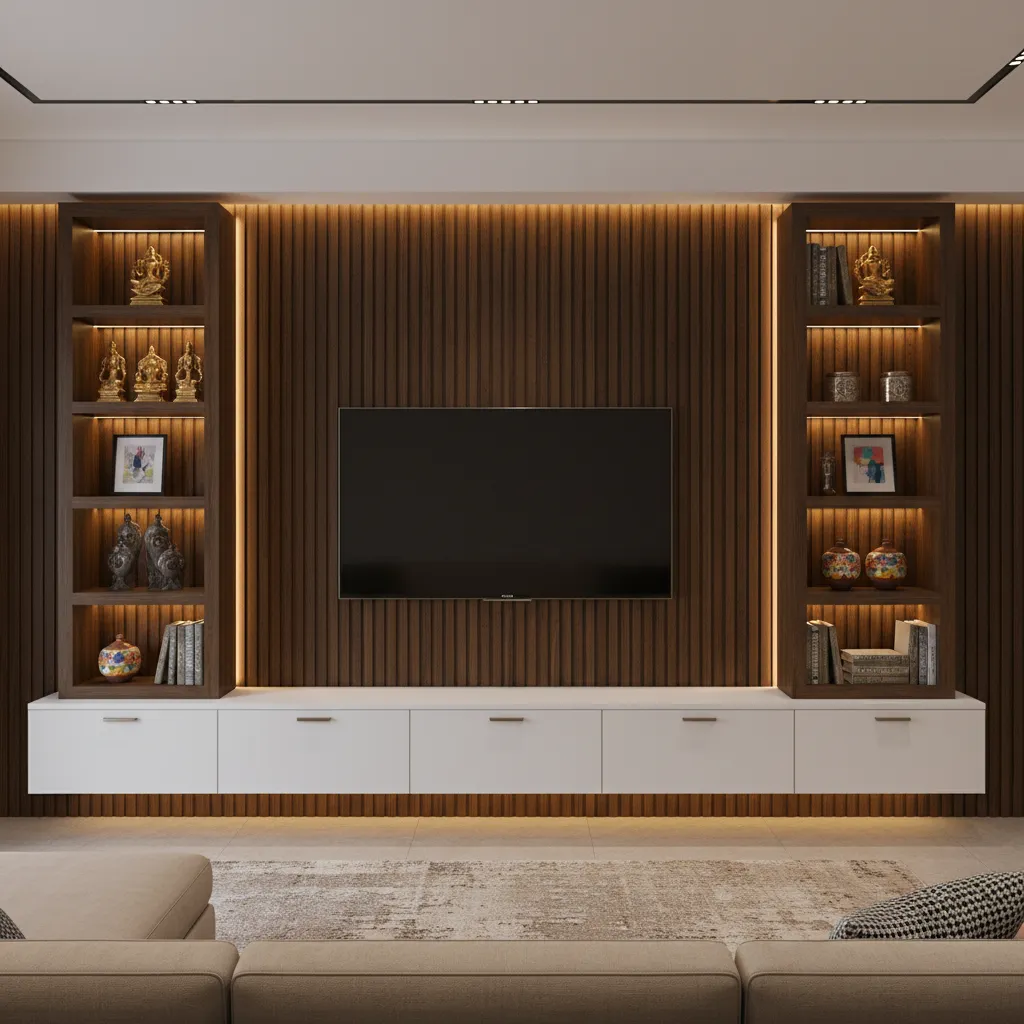 Indian TV wall unit with showcase shelves and cabinets