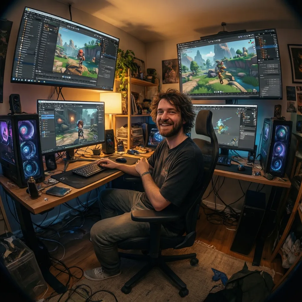 Smiling person at desk with four computer monitors showing scenes from a video game project