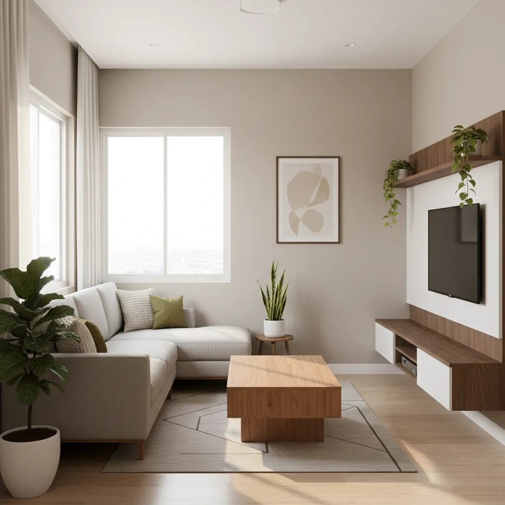 Bright living room design in a compact 2 BHK apartment with neutral colors and modern furniture