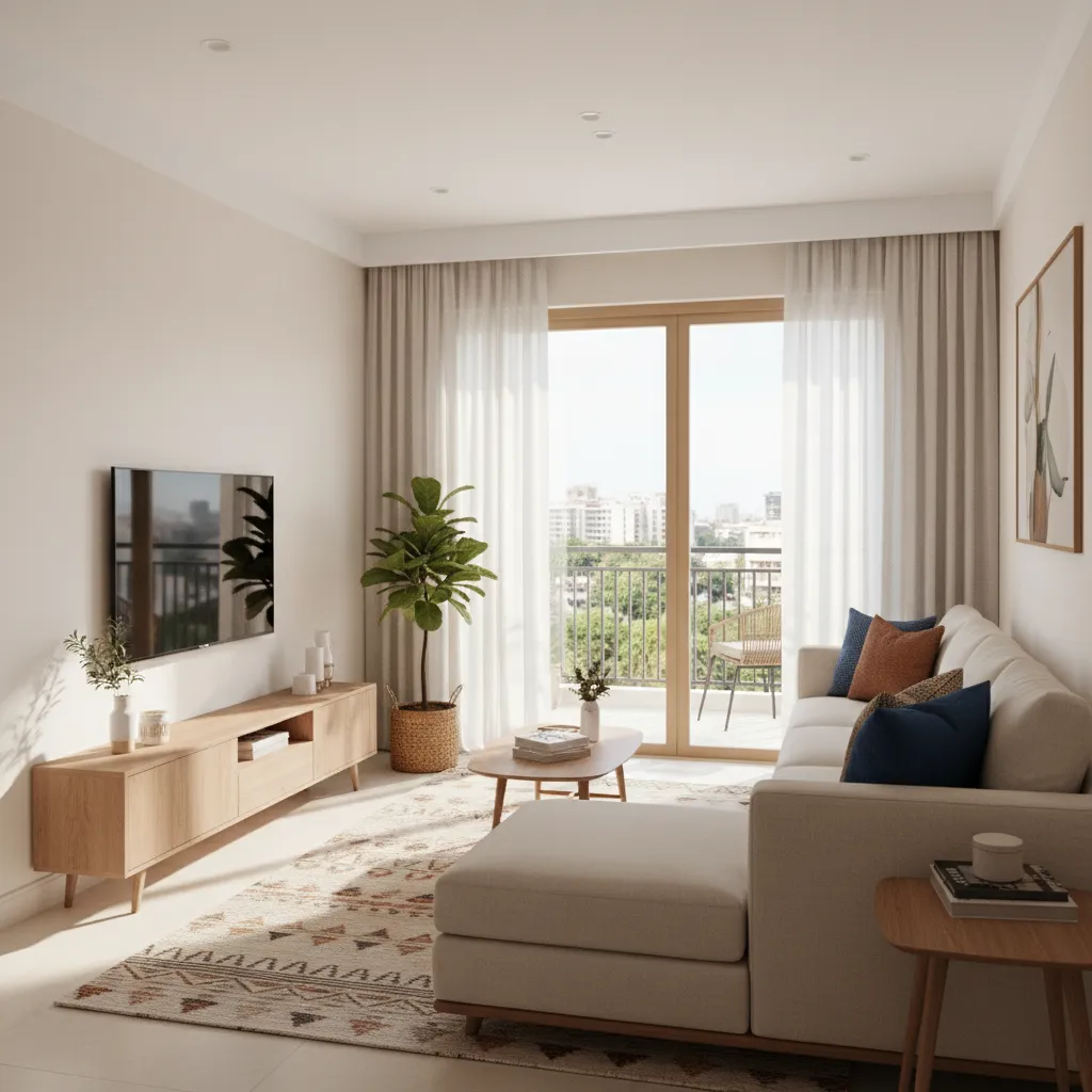 Bright modern living room in an Indirapuram 3 BHK apartment with balcony