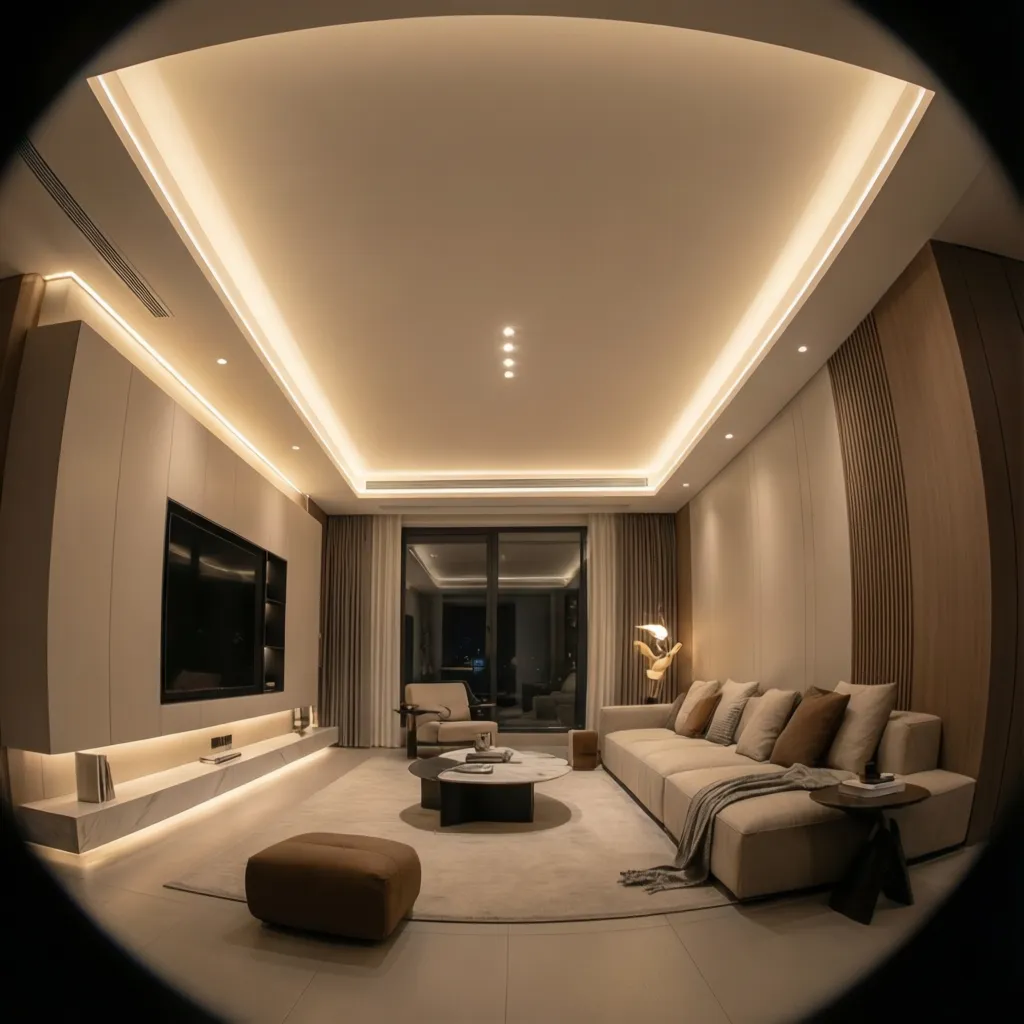 Modern living room showing hidden ceiling light with a large sofa television and coffee table