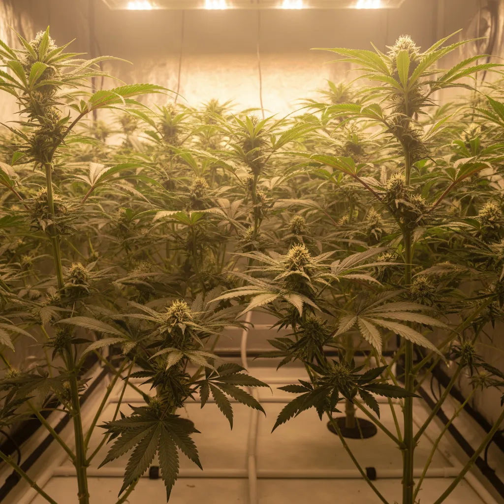 indirect light reaching lower buds beneath a dense plant canopy