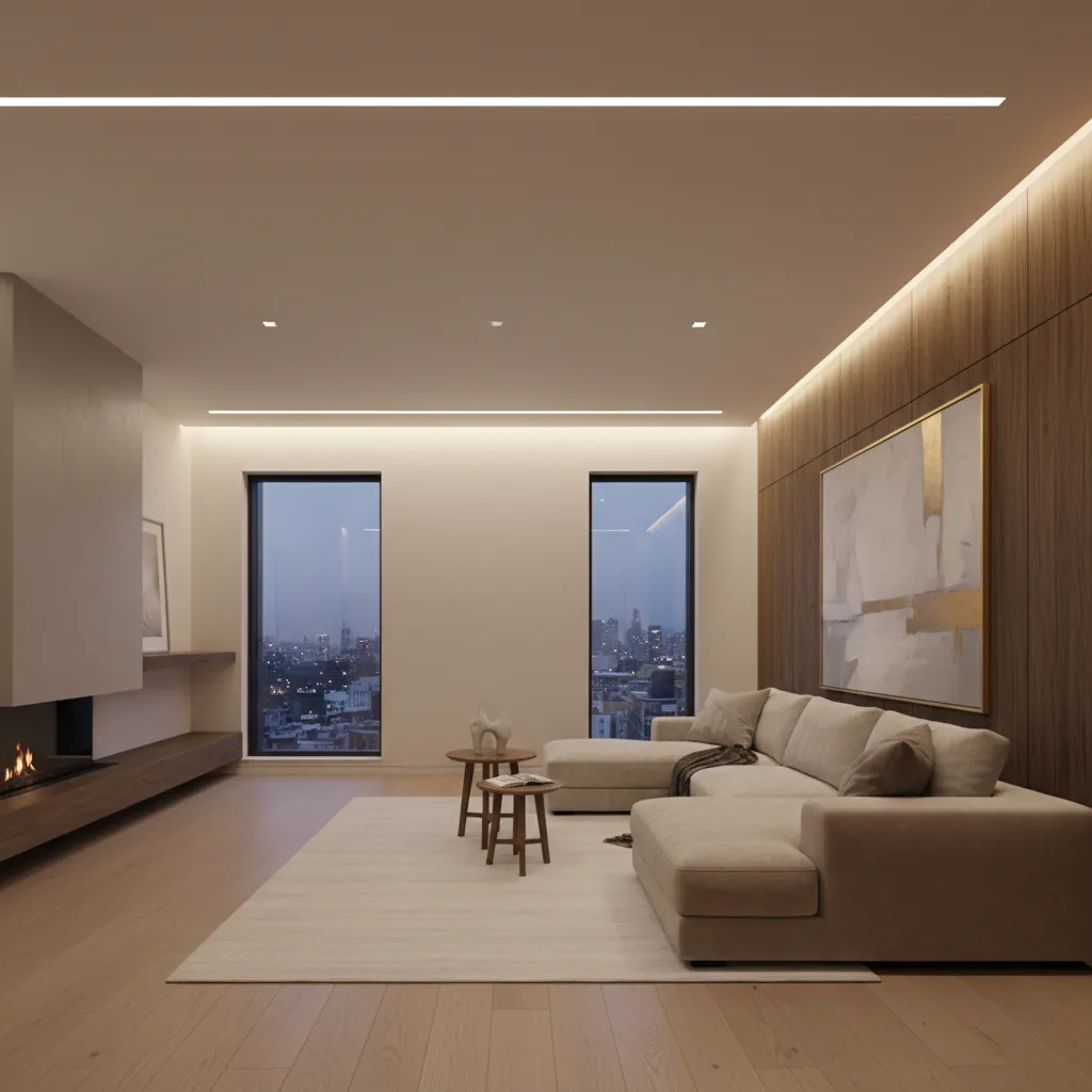 Iluminación indirecta en techo de salón moderno