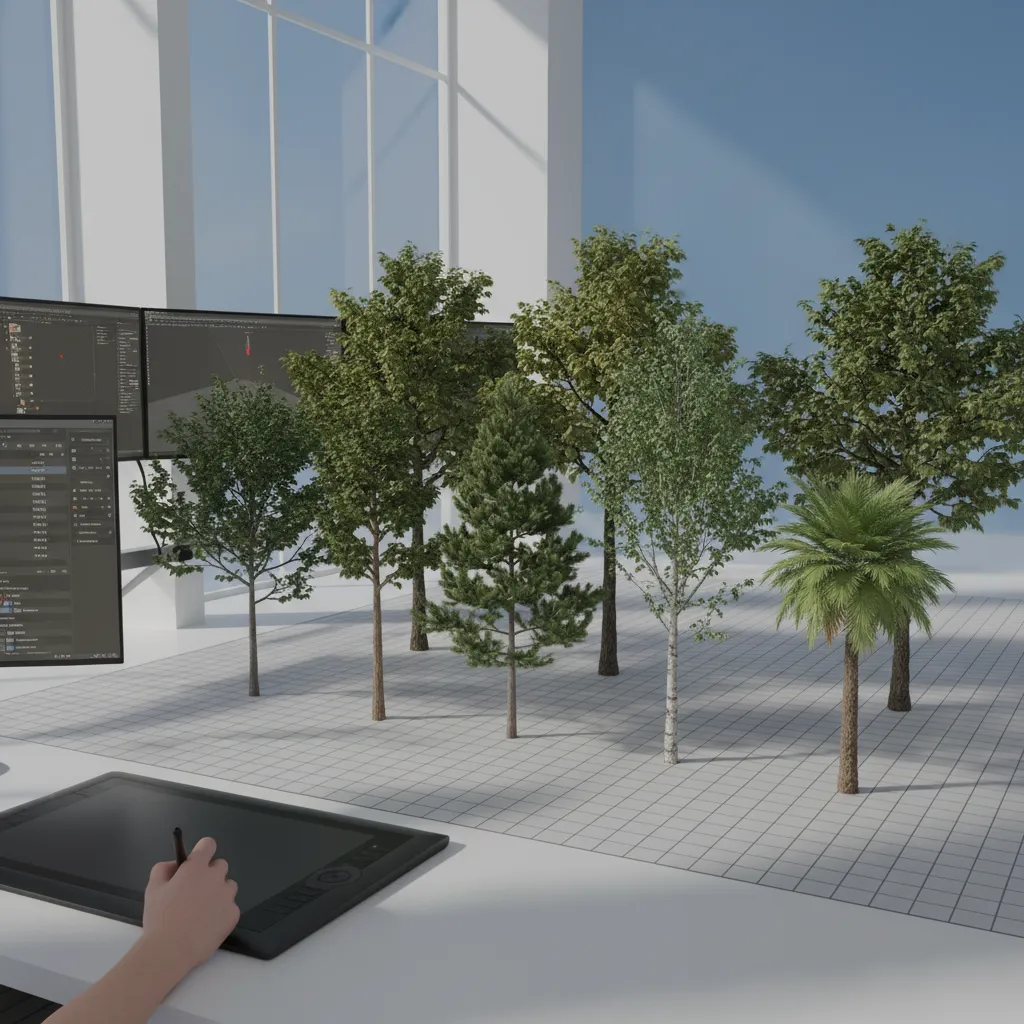 Individual tree models arranged in a 3D scene for environment building