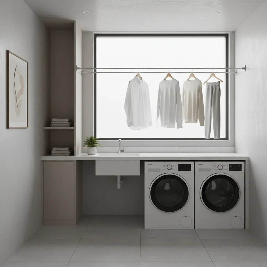 Indoor clothesline near a bright window with airflow helping clothes dry