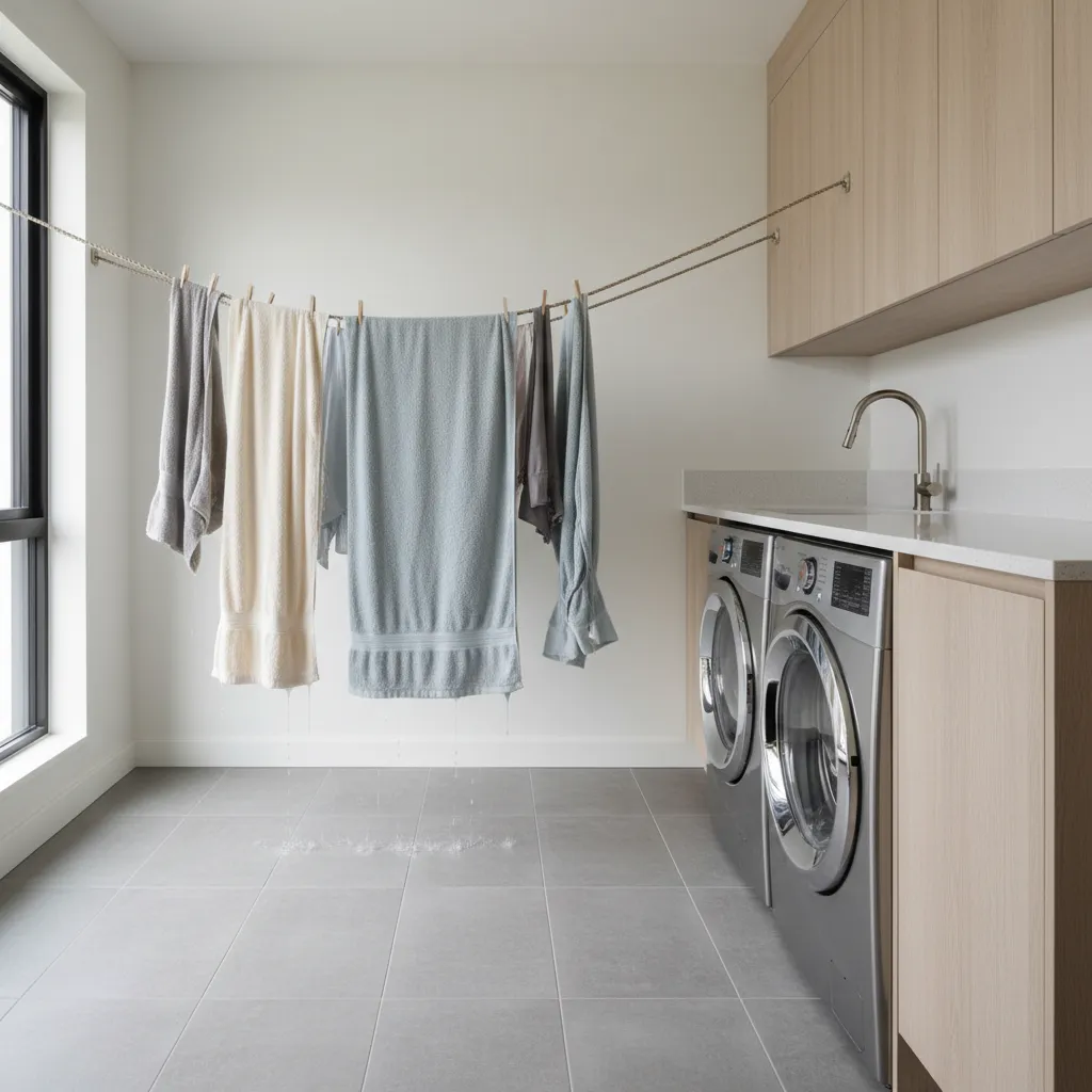 Laundry room example showing a sagging indoor clothesline with heavy wet laundry