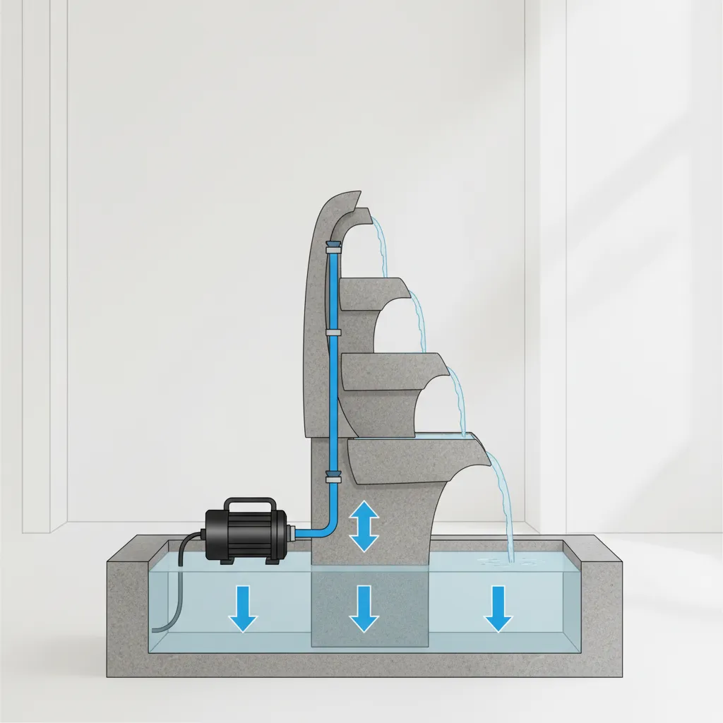 diagram showing indoor fountain pump circulation system and water flow path