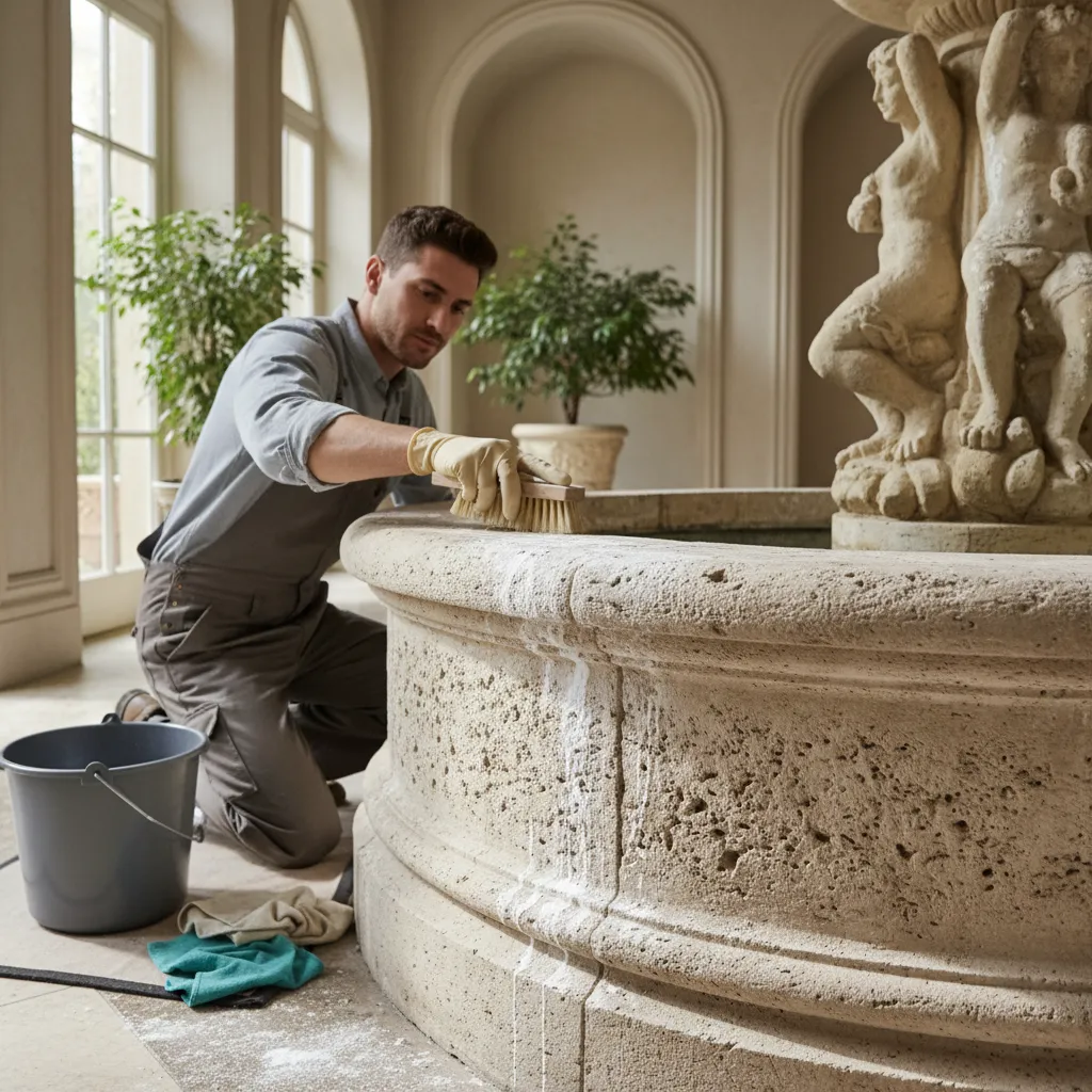 cleaning mineral deposits from a small indoor fountain basin