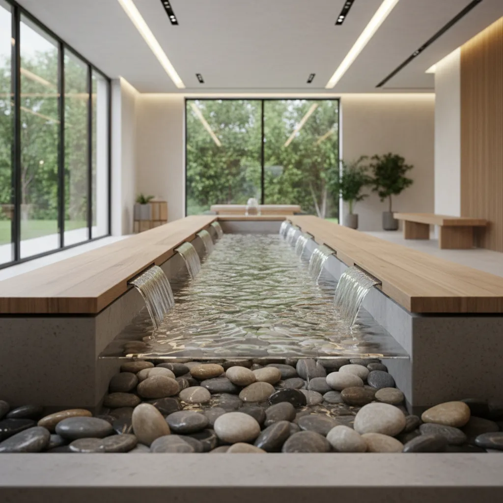 indoor fountain basin with decorative stones reducing water splash