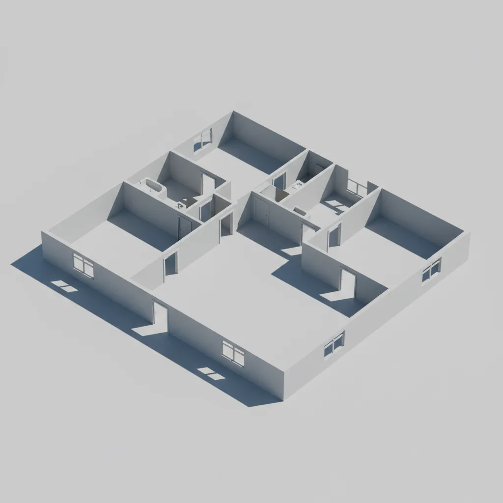 blockout layout of a 3D house game environment with simple walls and rooms
