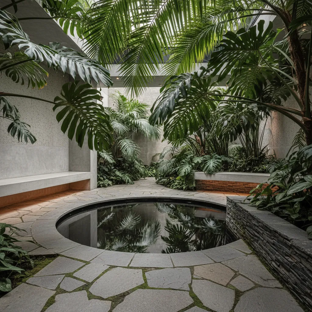 Tropical indoor garden with large green palm leaves circular water pond and grey stone tiles