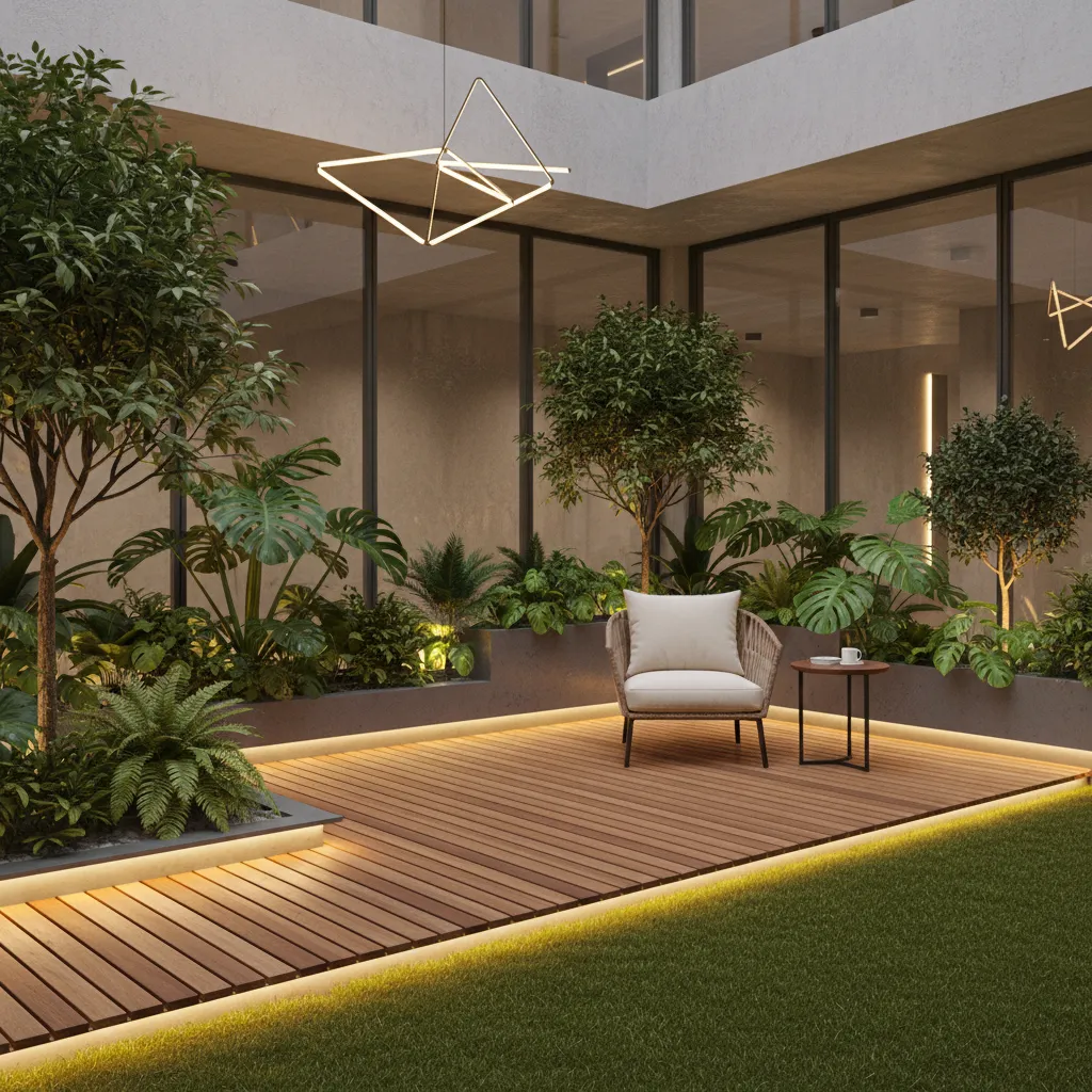 Diseño interior con césped combinado con madera y plantas