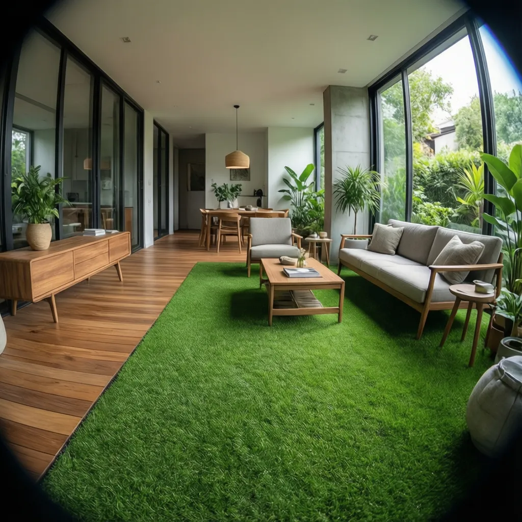 Zona de descanso interior con pequeño jardín de césped