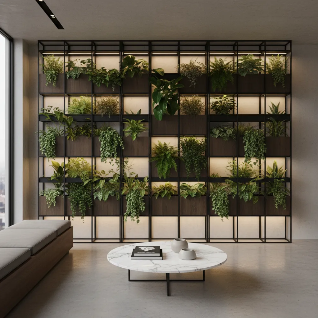 Indoor green wall with grow lights and structured plant layout