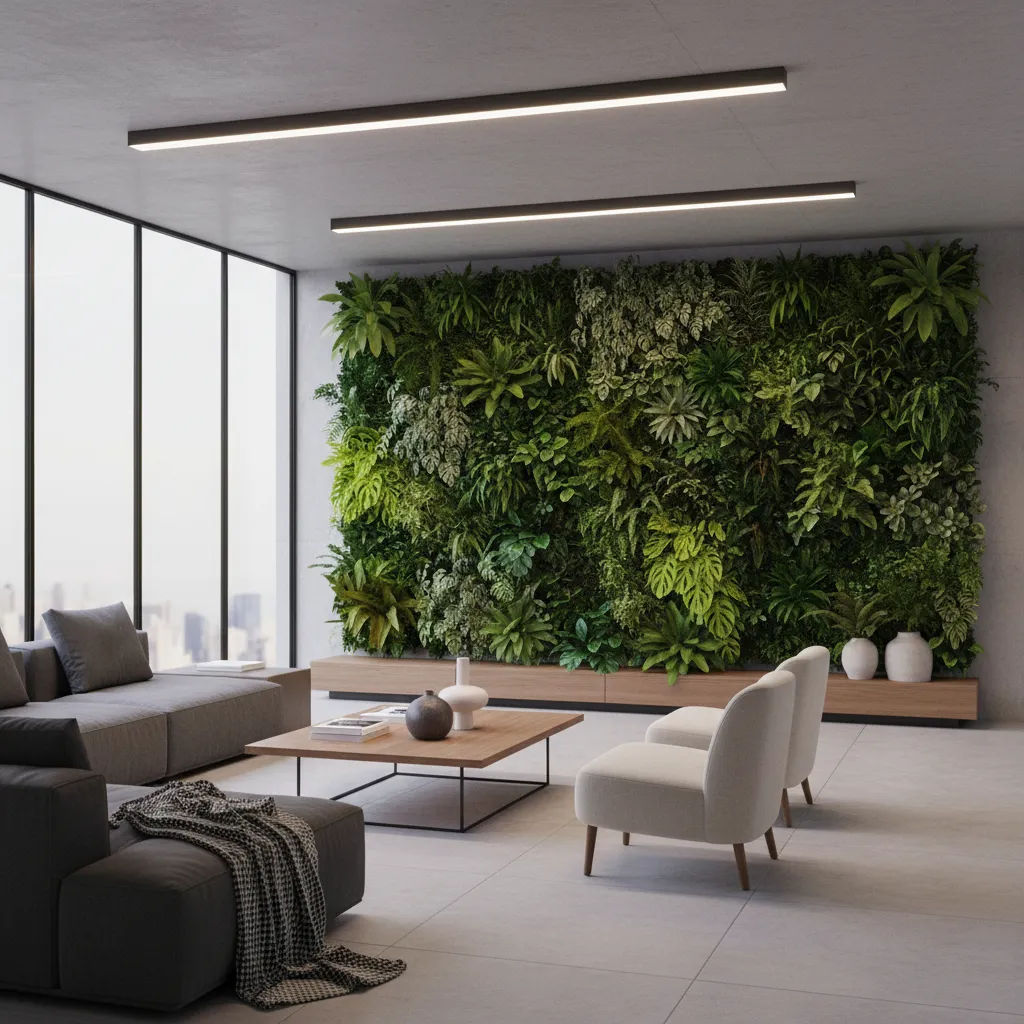 LED grow lights illuminating indoor vertical garden wall