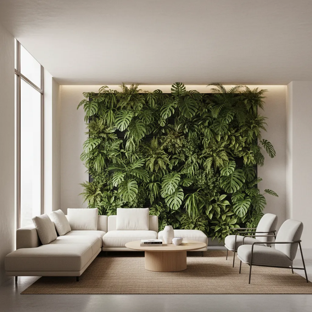 Indoor green wall installed in a modern living room environment