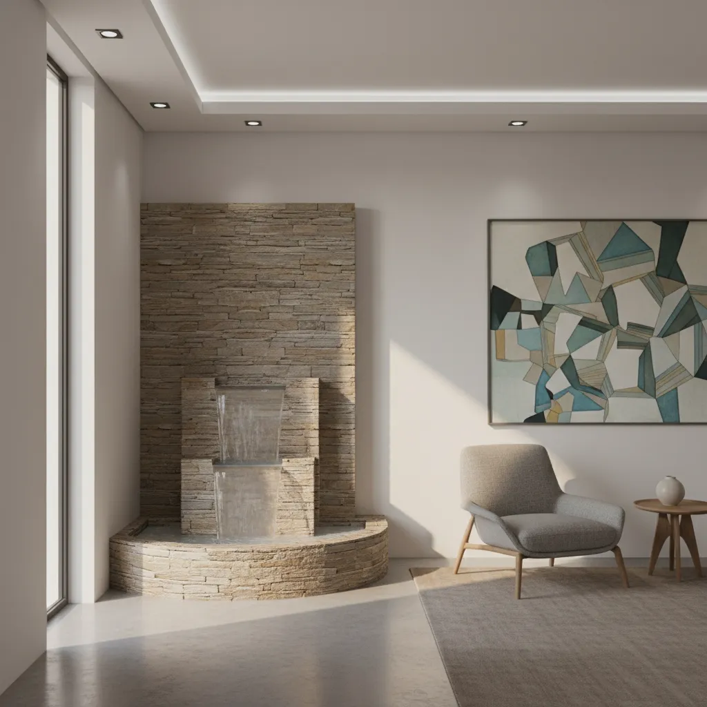 decorative indoor hall fountain placed in a modern living room corner