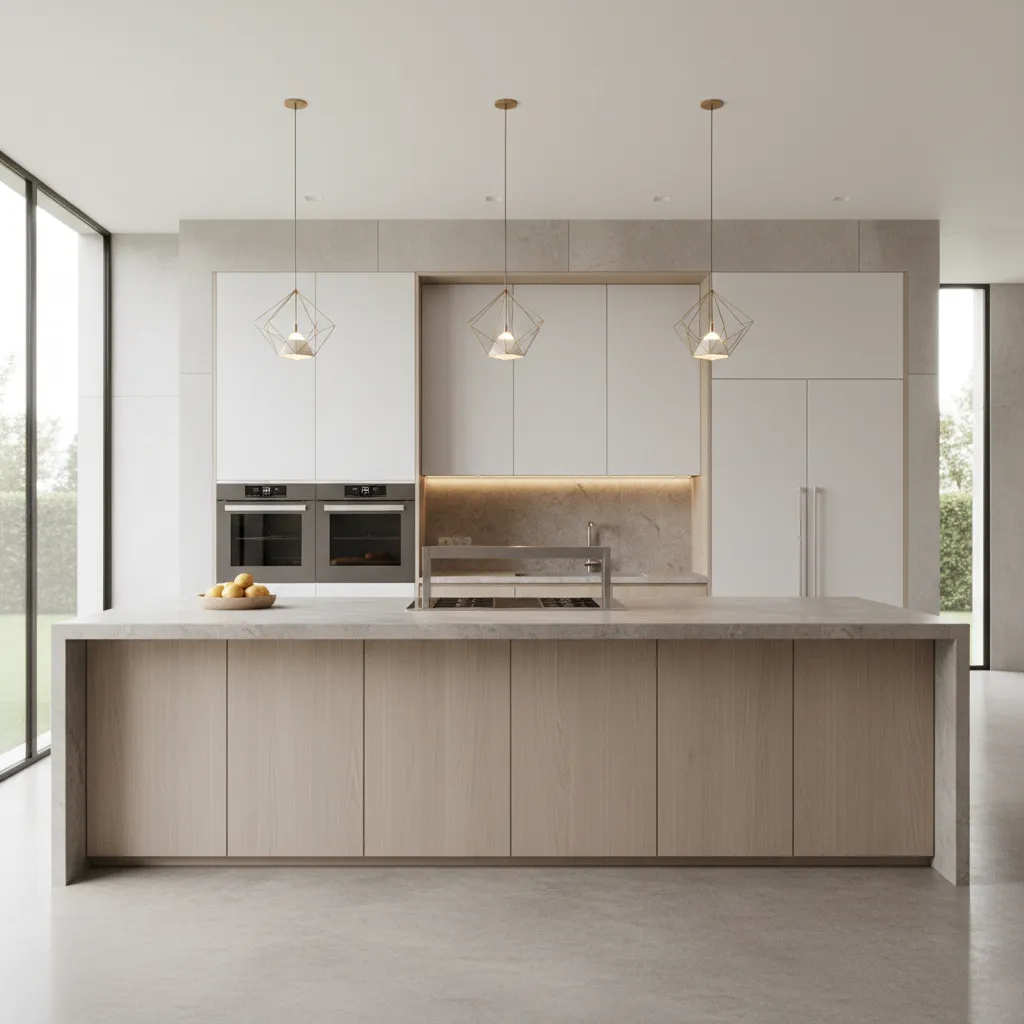 Indoor hibachi grill island integrated into modern open kitchen