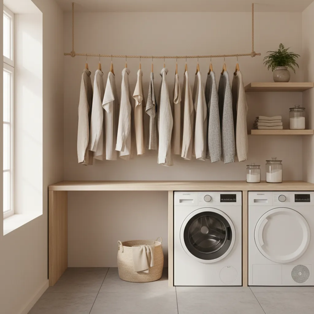 Indoor clothesline with laundry hanging in a bright ventilated laundry room