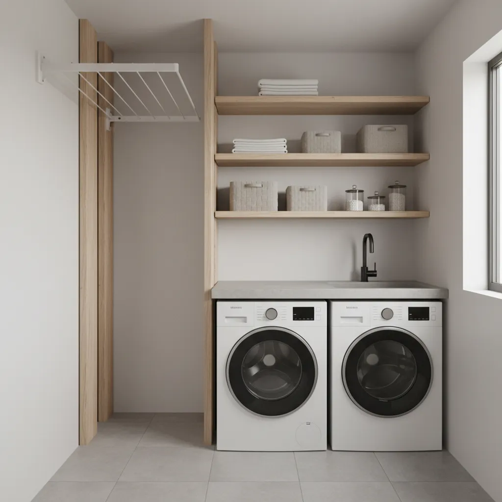 Indoor laundry room with wall mounted clothesline installed between two studs