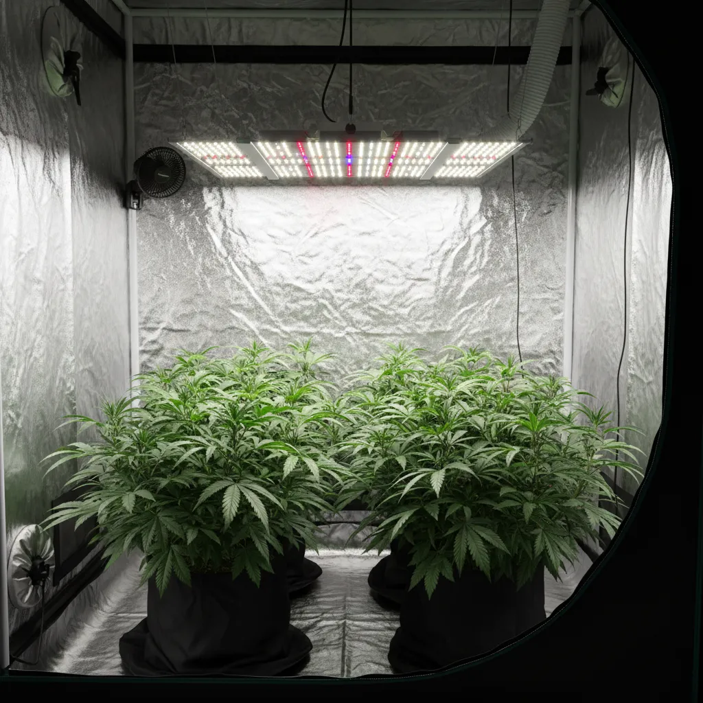 LED grow lights evenly illuminating a flowering plant canopy indoors